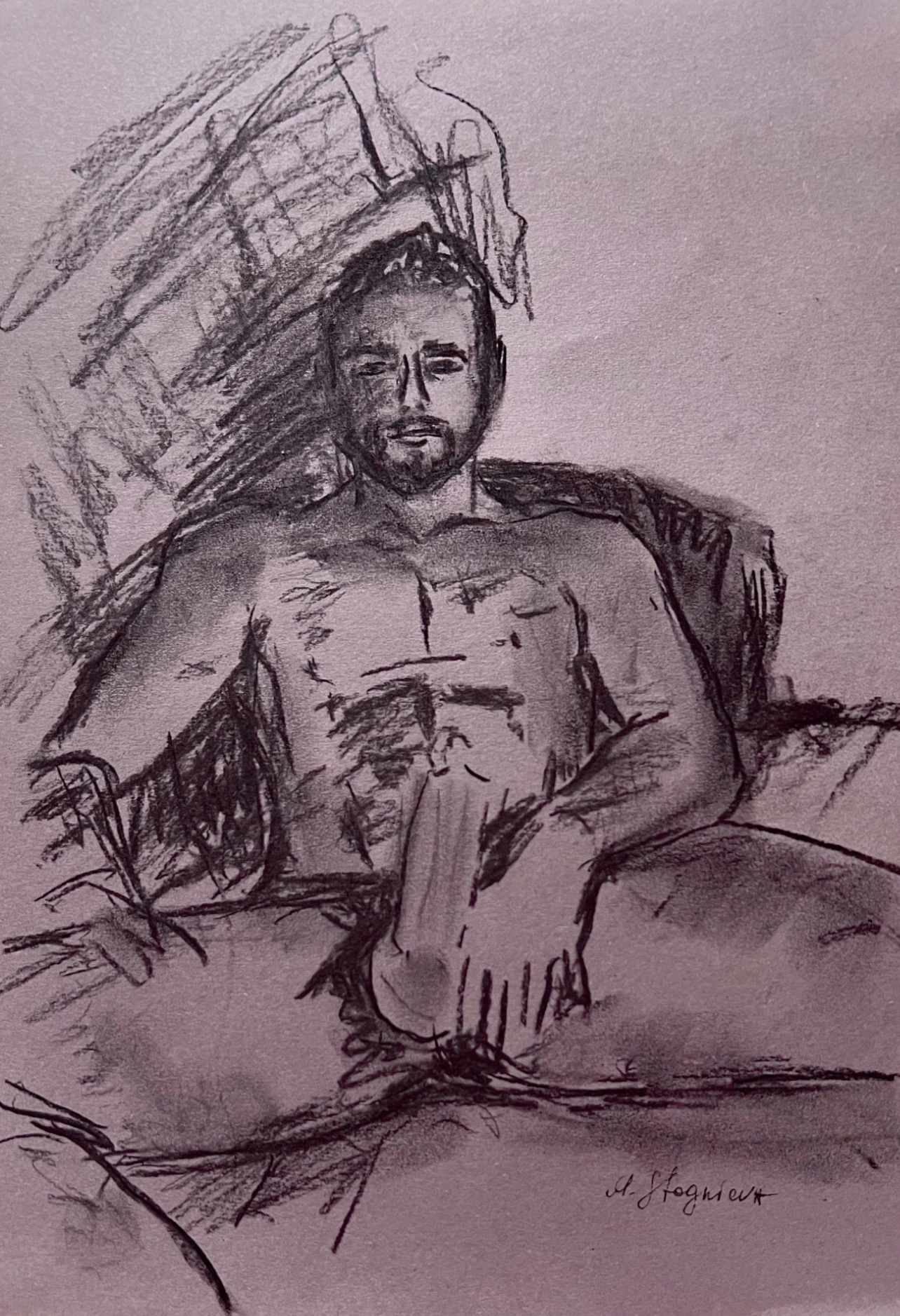 Nude Man in an Armchair, male nude charcoal drawing by Marina Stognieva